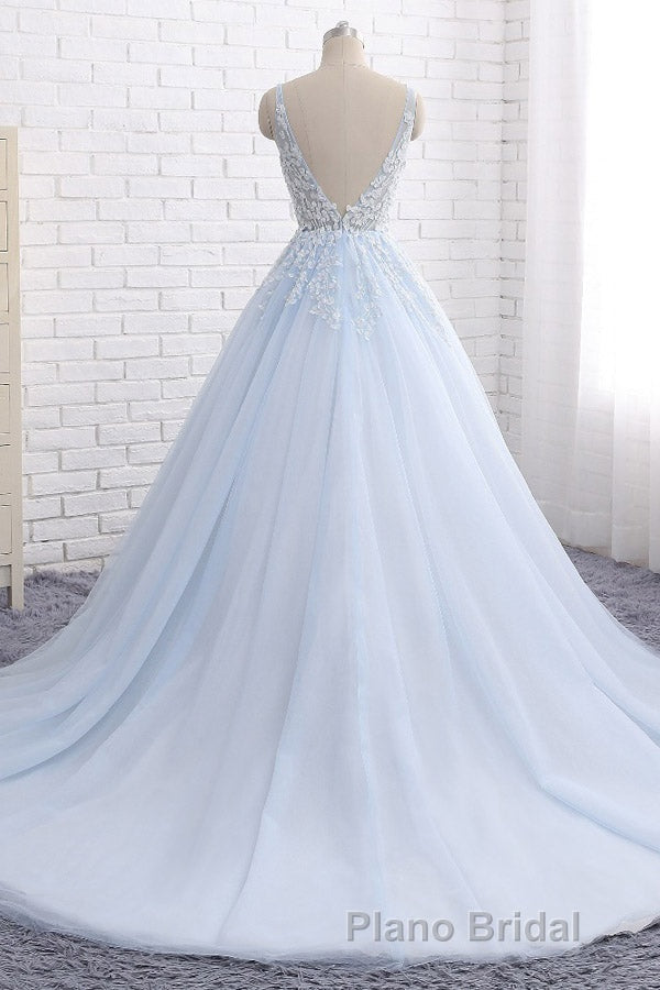 Ball Gown Chapel Train V Neck Sleeveless Backless Appliques Formal Prom Dresses