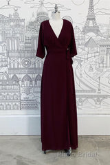 Wrap V Neck Sleeves Chiffon Long Bridesmaid Dresses with Sash
