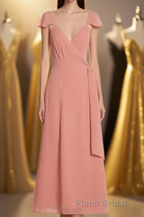 Peach Cap Sleeve Tie-Side Short Prom Dresses