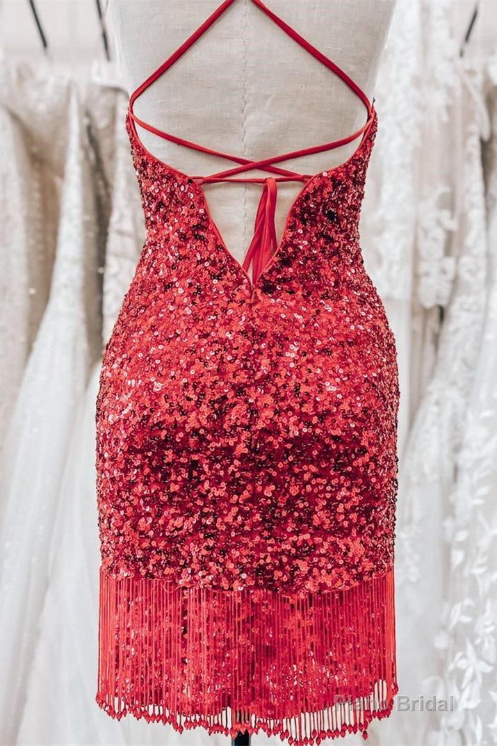 Red Lace-Up Sequins Sheath V Neck Homecoming Dress with Tassels Secondary image