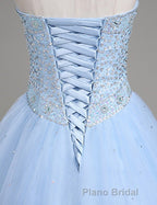 Light Blue Ball Gown Floor Length Sweetheart Strapless Sleevless Beading Formal Prom Dresses