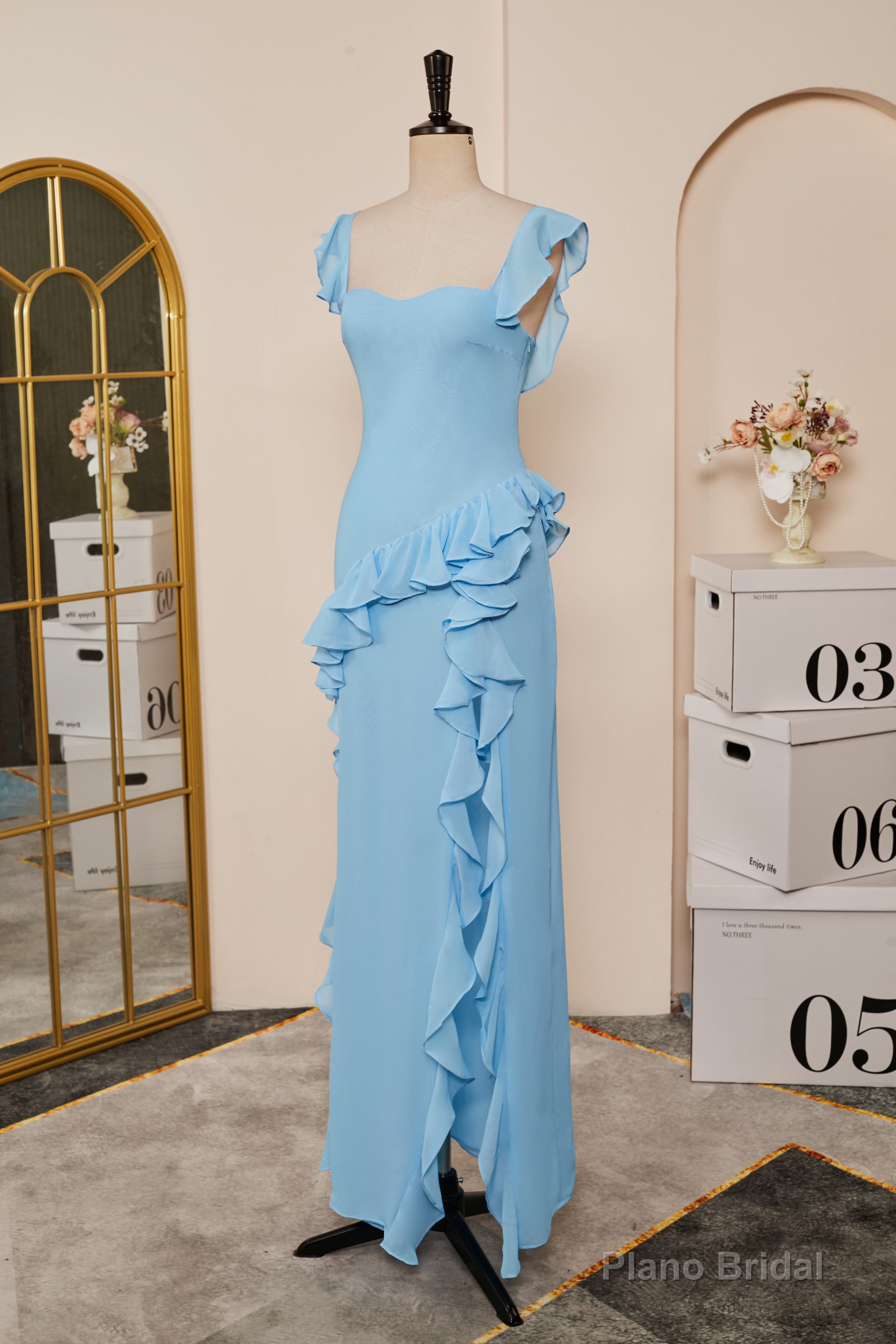 Light Blue Flaunt Sleeves Mermaid Ruffled Long Bridesmaid Dress with Slit Secondary image
