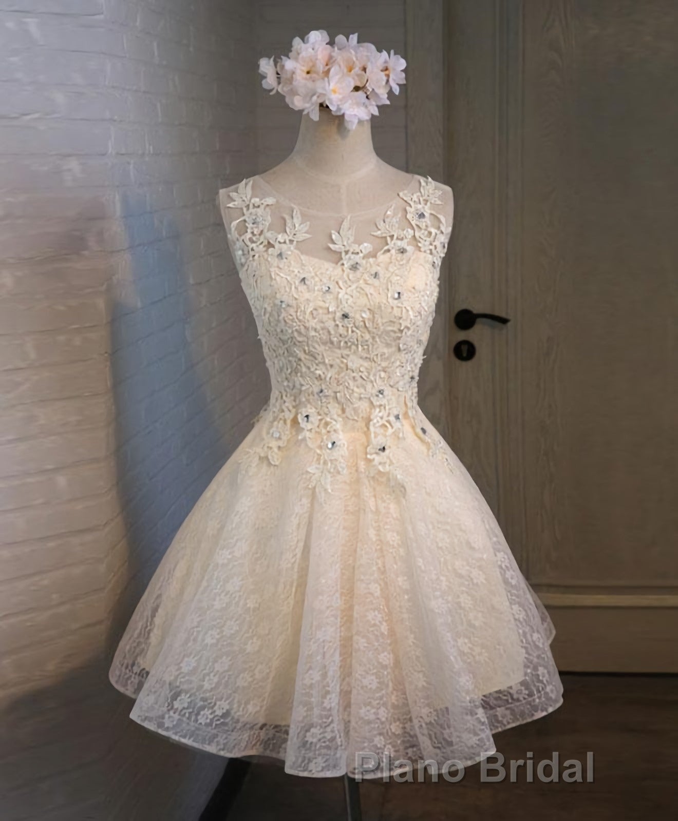 Champagne Lace Round Neck Short Formal Prom Dresses, Bridesmaid Dresses