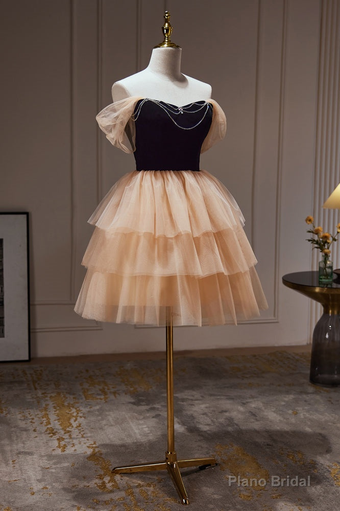 Chic Champagne Off The Shoulder Beading Tulle Short Homecoming Dresses Secondary image