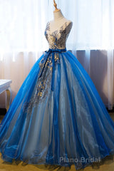 UniqueDressess Puffy V Neck Organza Applique Modest Formal Prom Dresses Evening Dresses