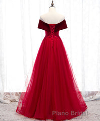 Burgundy Tulle Off Shoulder Long Formal Prom Dresses, Burgundy Prom Dresses