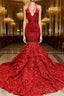 Burgundy Halter Mermaid V-neck Low back Flowers Formal Prom Dresses