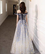 Blue Tulle Off Shoulder Lace Long Prom Dress Tulle Formal Dress