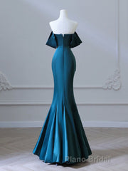 Simple Off Shoulder Satin Ink Blue Long Prom Dress, Ink Blue Long Formal Dress