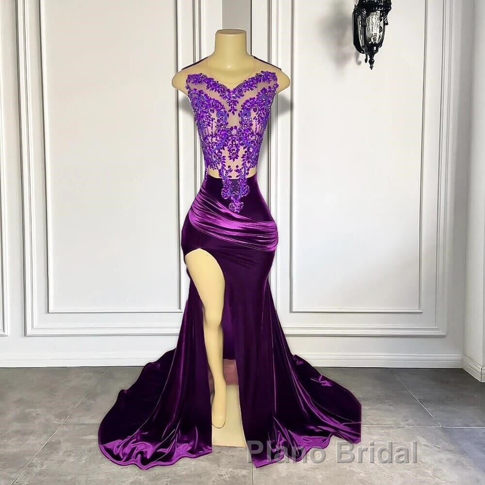 Purple Sleeveless Mermaid Formal Prom Dress with Split Appliques Main image