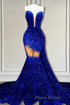V-Neck Sequins Formal Prom Dress Mermaid Sleeveless Crystal.