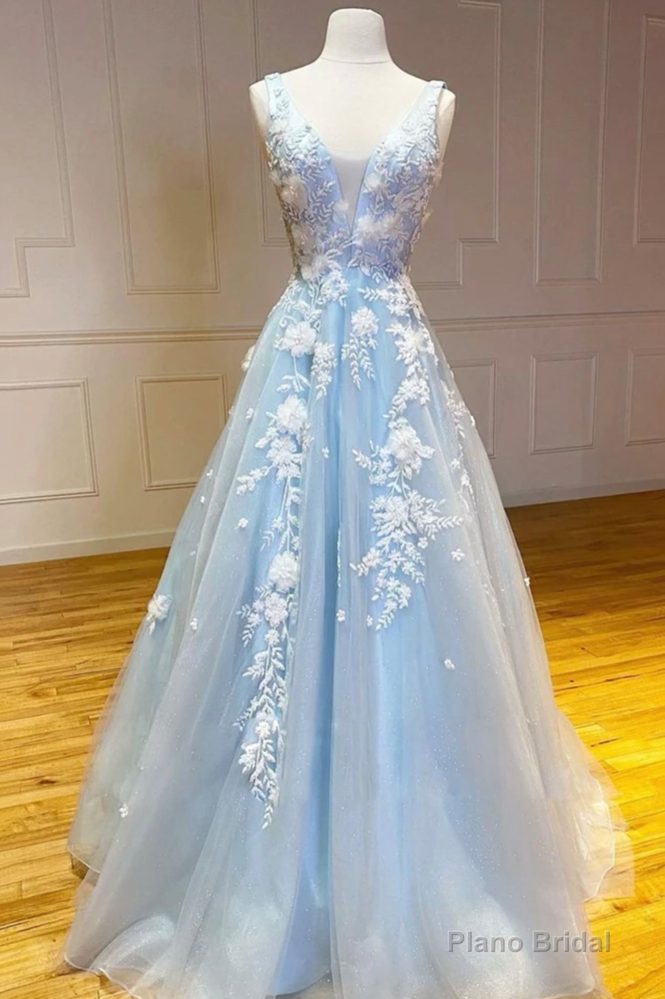Blue V-Neck Tulle Long Prom Dresses, A-Line Blue Evening Dresses with Applique Main image
