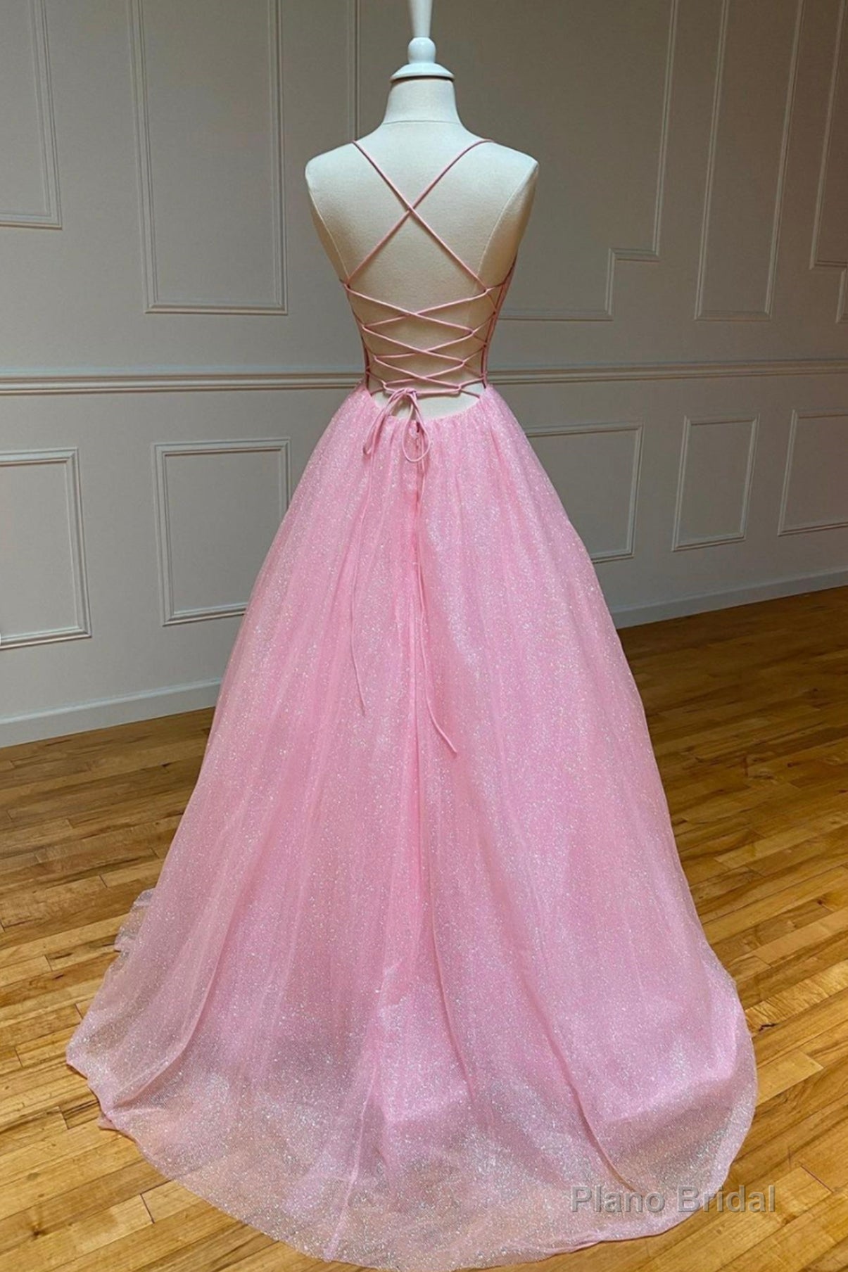 Pink V-Neck Tulle Long Prom Dresses, A-Line Backless Evening Dresses Secondary image