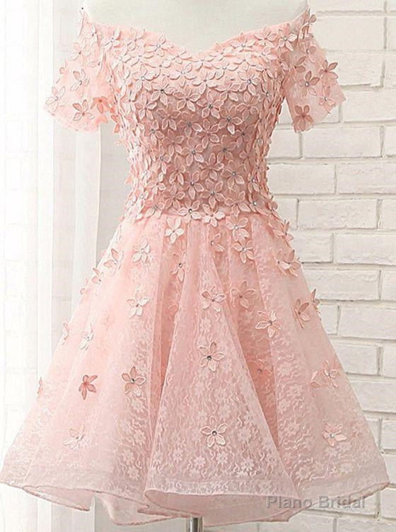 Princess/A-Line Off-the-Shoulder Appliques Short Coral Lace Homecoming/Prom Dresses Main image