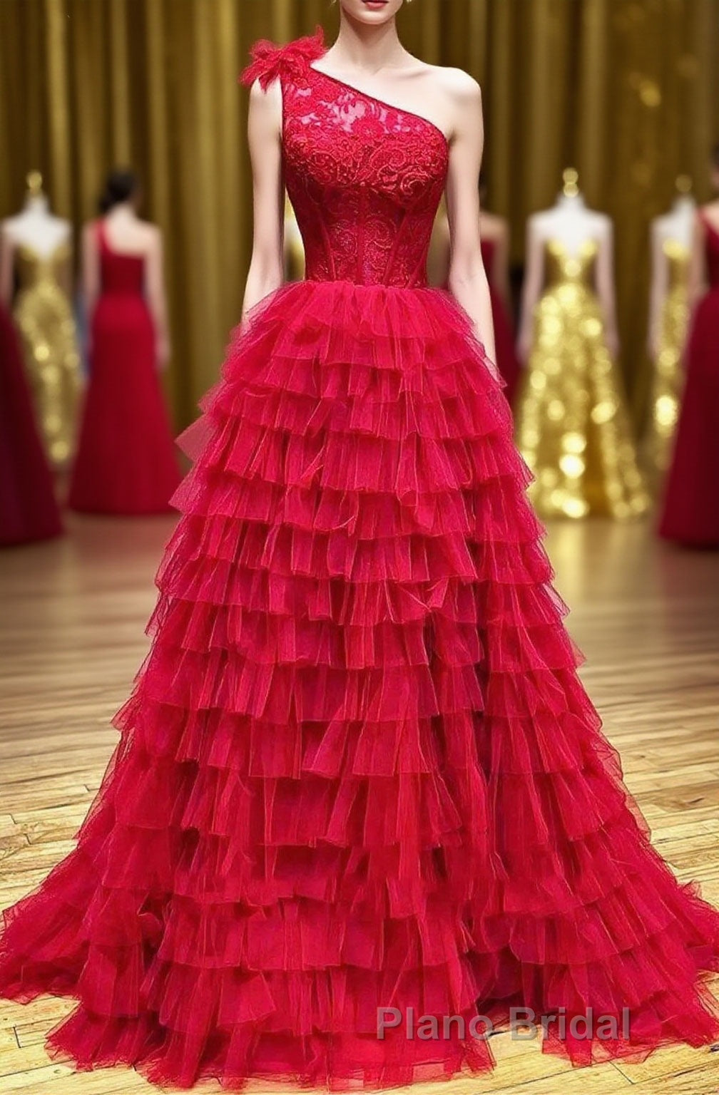 Red One Shoulder Corset Tiered Long Formal Prom Dresses with Ruffles Main image