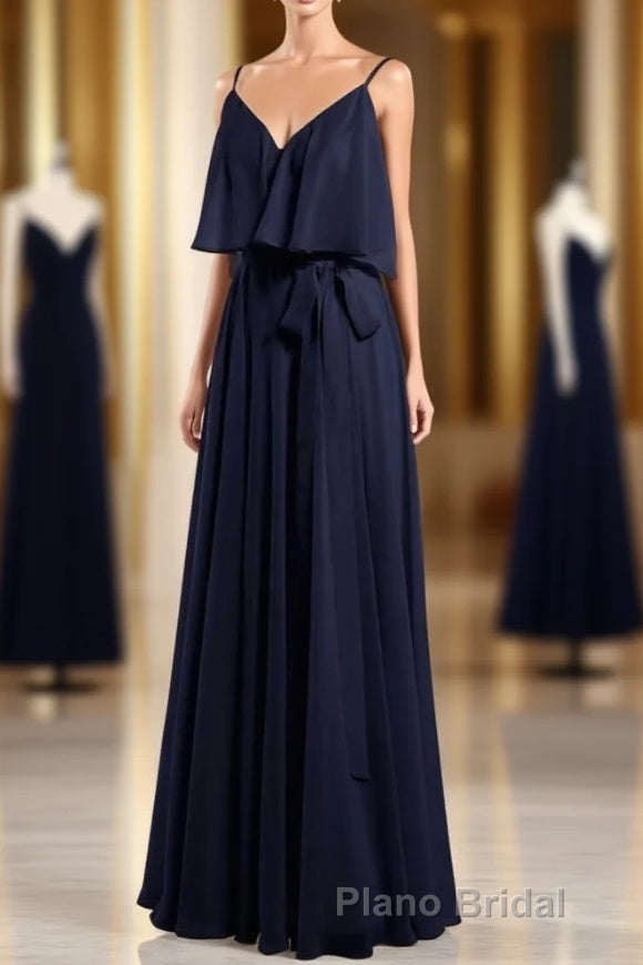 Black Chiffon V-Neck Ruffled A-Line Long Bridesmaid Dresses Main image