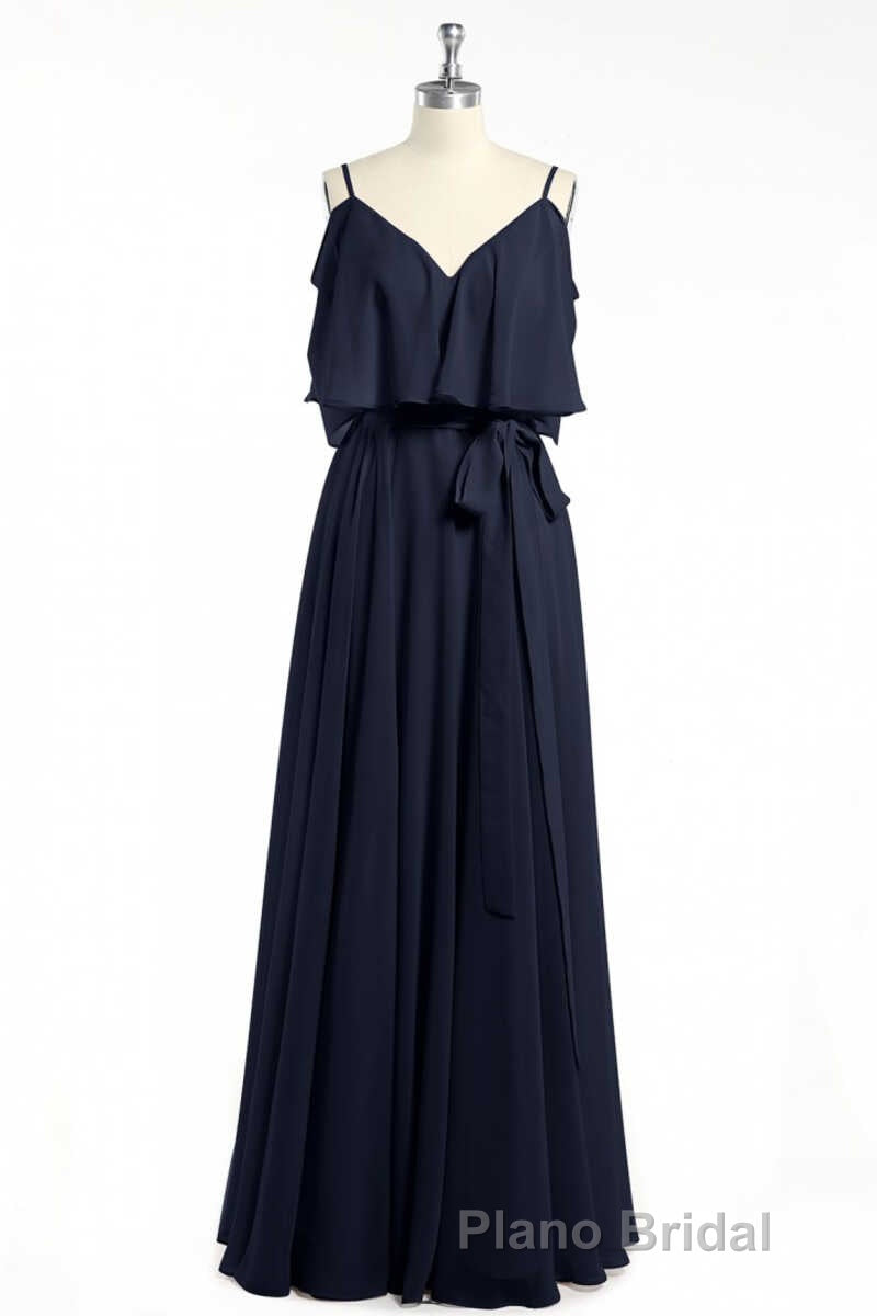 Black Chiffon V-Neck Ruffled A-Line Long Bridesmaid Dresses