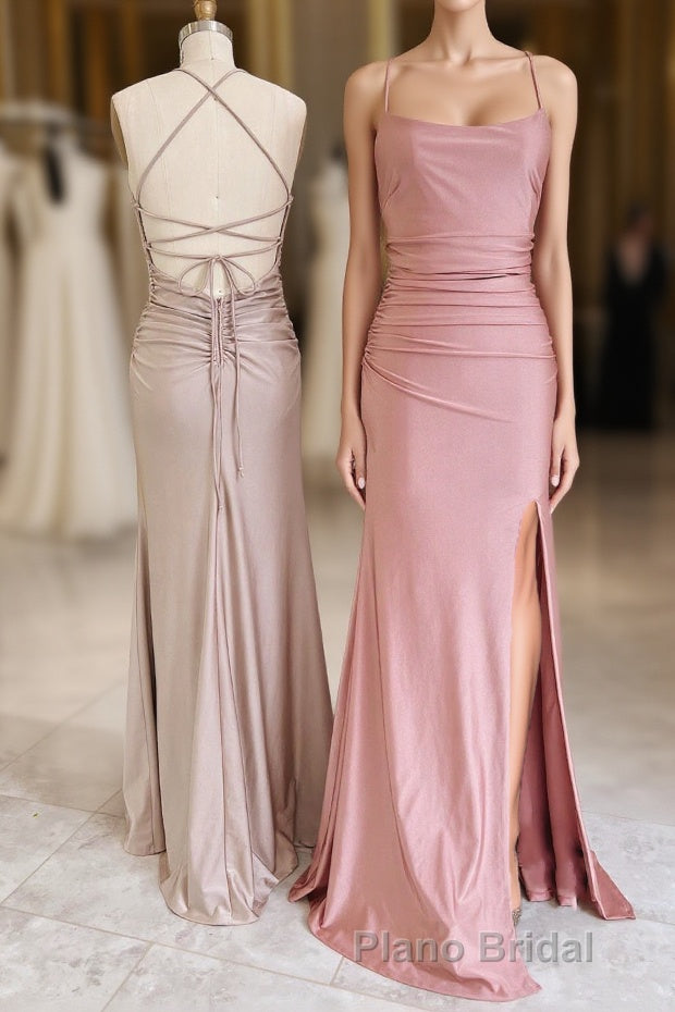 Dusty Pink Satin Lace-Up Sheath Long Bridesmaid Dresses with Slit Main image