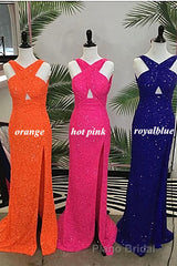 Fitted Criss Coss Neck Orange Formal Prom Dresses with Slit