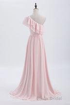 Ruffles Pink One Shoulder Chiffon A-line Long Bridesmaid Dresses