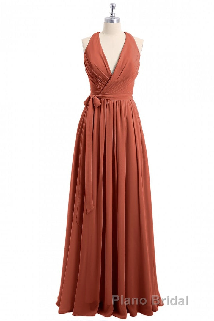 Rust Orange Wrap A-Line Long Dresses