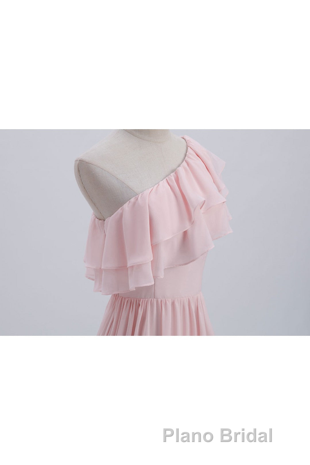 Ruffles Pink One Shoulder Chiffon A-line Long Bridesmaid Dresses