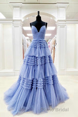 Elegant Light Blue Side Slit Tulle Long Formal Prom Dresses