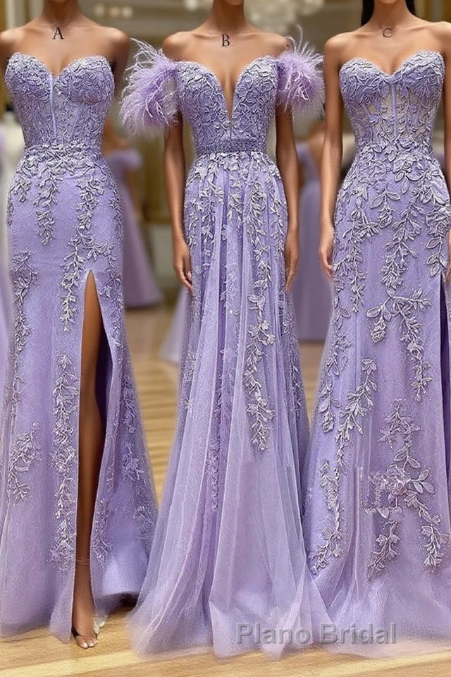 Purple Tulle Lace Long Formal Prom Dresses, Purple Tulle Formal Evening Dresses