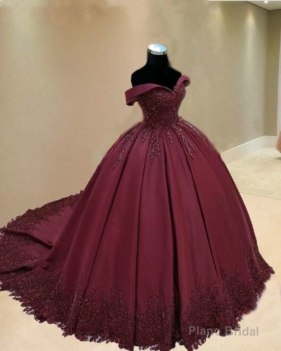 burgundy ball gown quinceanera dresses lace off the shoulder Main image