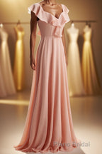 Peach Ruffles A-lline Chiffon Long Bridesmaid Dresses with Tie Back