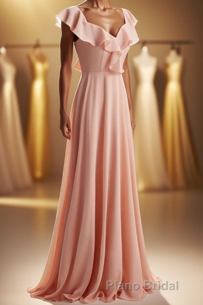 Peach Ruffles A-lline Chiffon Long Bridesmaid Dresses with Tie Back