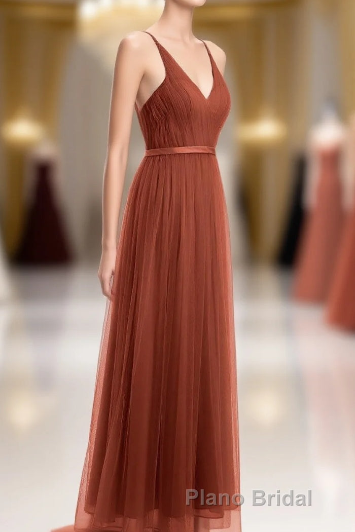 Rust Orange V-Neck Backless A-Line Long Bridesmaid Dresses Main image
