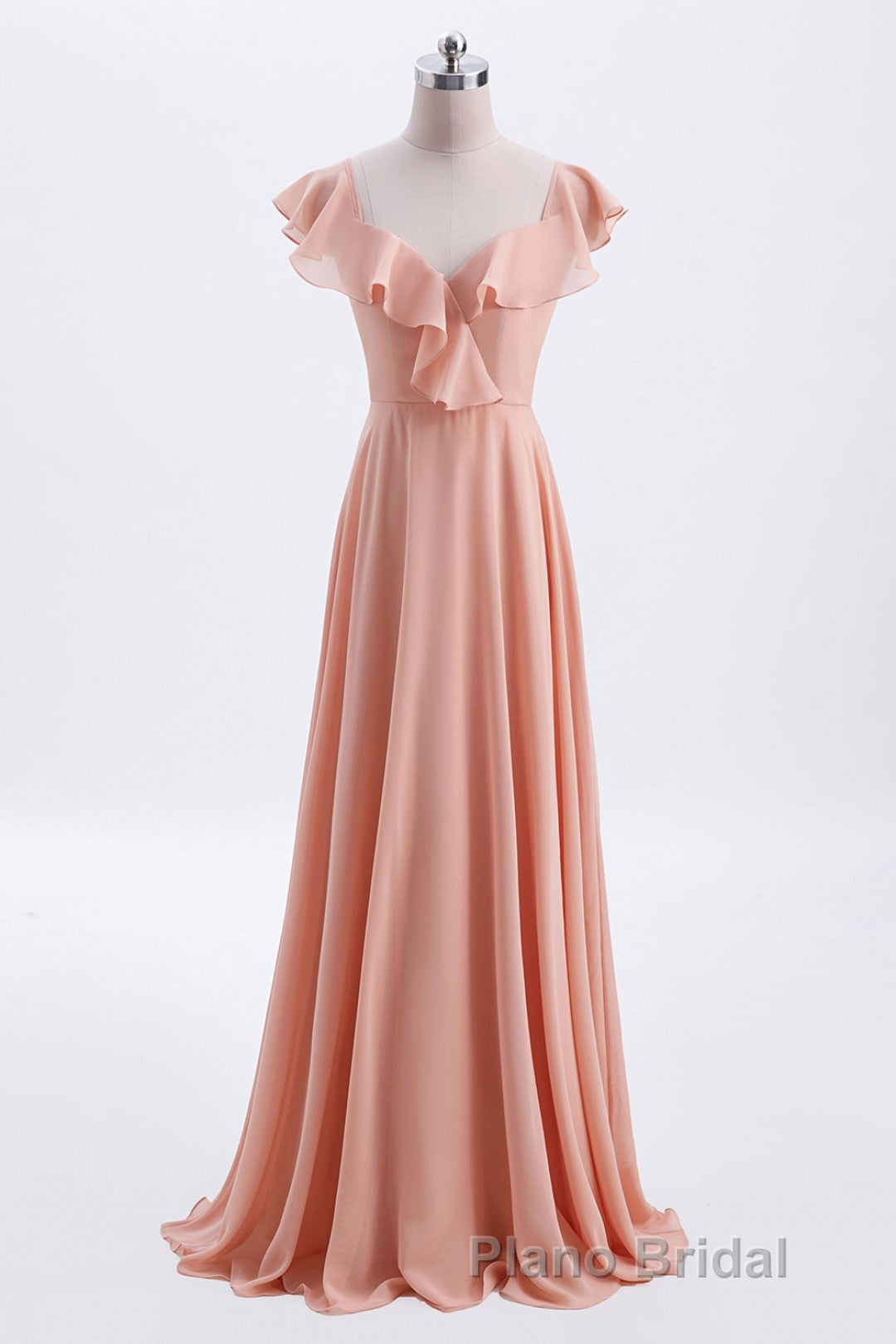 Peach Ruffles A-lline Chiffon Long Bridesmaid Dresses with Tie Back