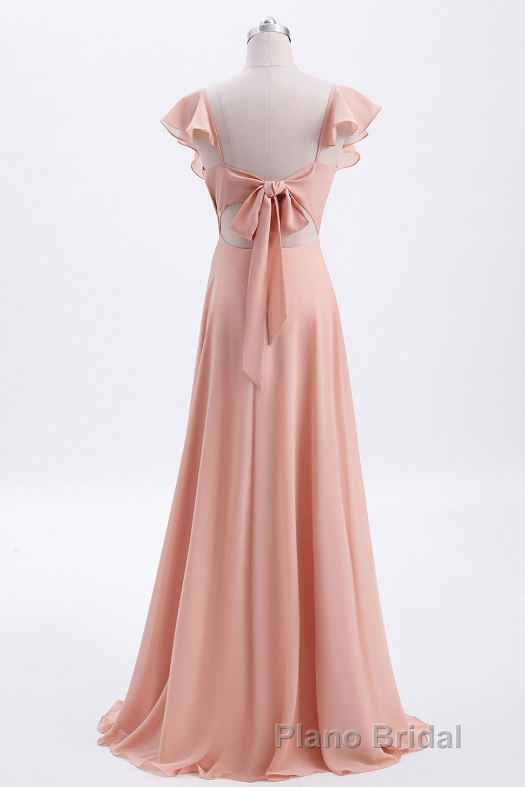 Peach Ruffles A-lline Chiffon Long Bridesmaid Dresses with Tie Back Secondary image