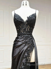 Dark Blue V Neck Satin Lace Long Formal Prom Dresses, Dark Blue Lace Long Evening Dresses