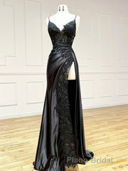 Dark Blue V Neck Satin Lace Long Formal Prom Dresses, Dark Blue Lace Long Evening Dresses