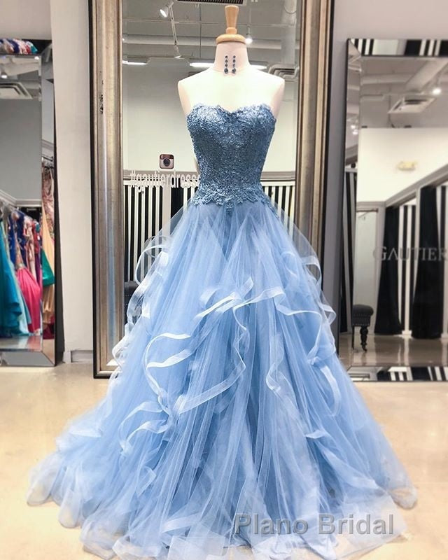 Gorgeous A Line Sweetheart Appliques Lace Formal Prom Dresses with Ruffles
