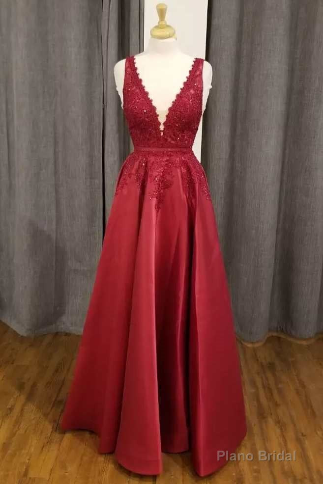 Red Lace Satin Plunge V A-Line Prom Dress Main image