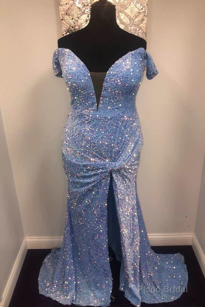 Blue Sequin Off-the-Shoulder Twist-Front Mermaid Long Prom Dress Main image