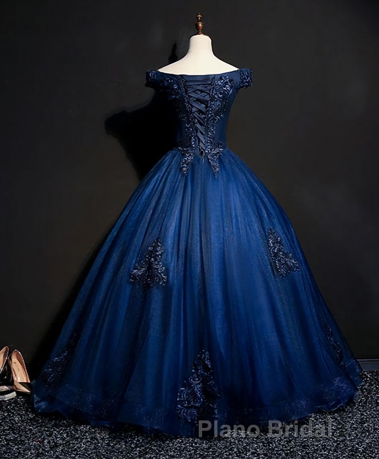 Blue Tulle Lace Off Shoulder Long Formal Prom Dresses, Blue Tulle Lace Evening Dresses