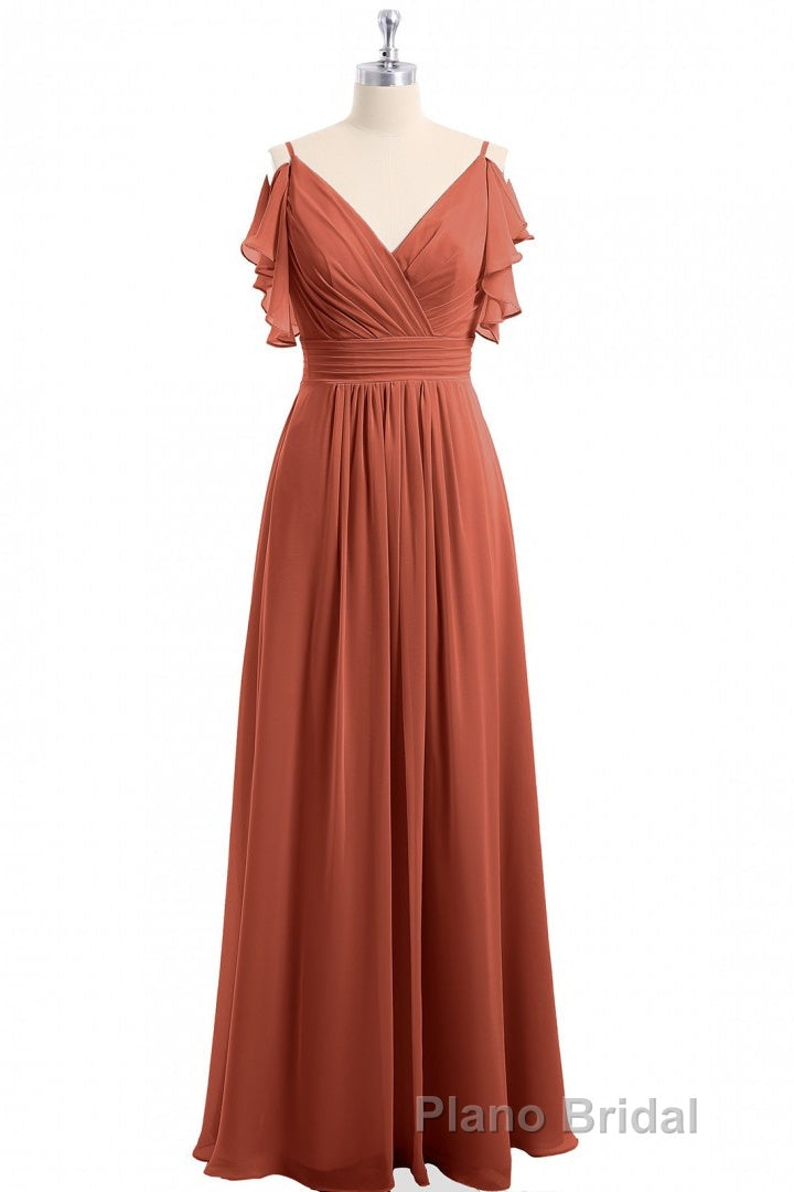 Rust Orange Cold-Shoulder A-Line Long Bridesmaid Dresses