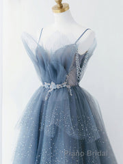 Gray Blue Tulle Beads Long Formal Prom Dresses, Blue Tulle Prom Dresses