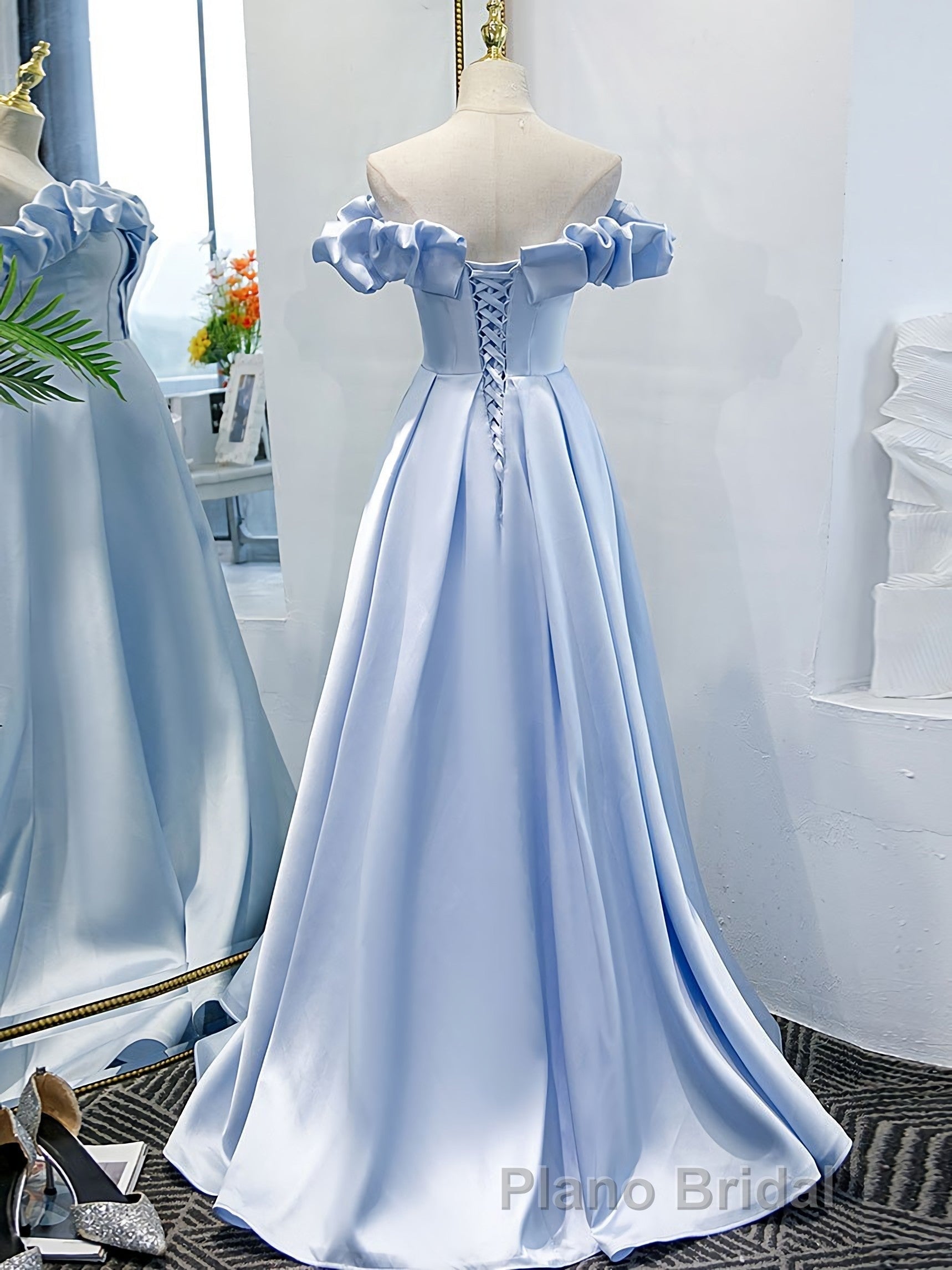 Blue A Line Off Shoulder Long Formal Prom Dresses, Blue Evening Dresses