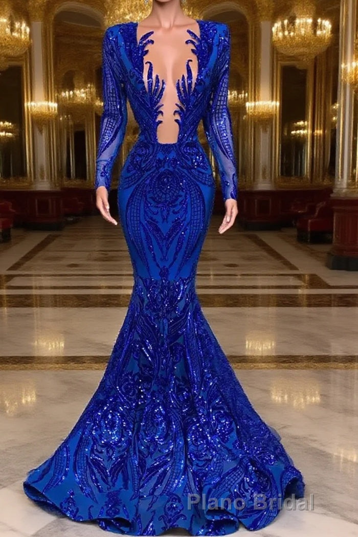 Hot Sparkle Royal Blue Sequin Long sleeves Mermaid Formal Prom Dresses Main image