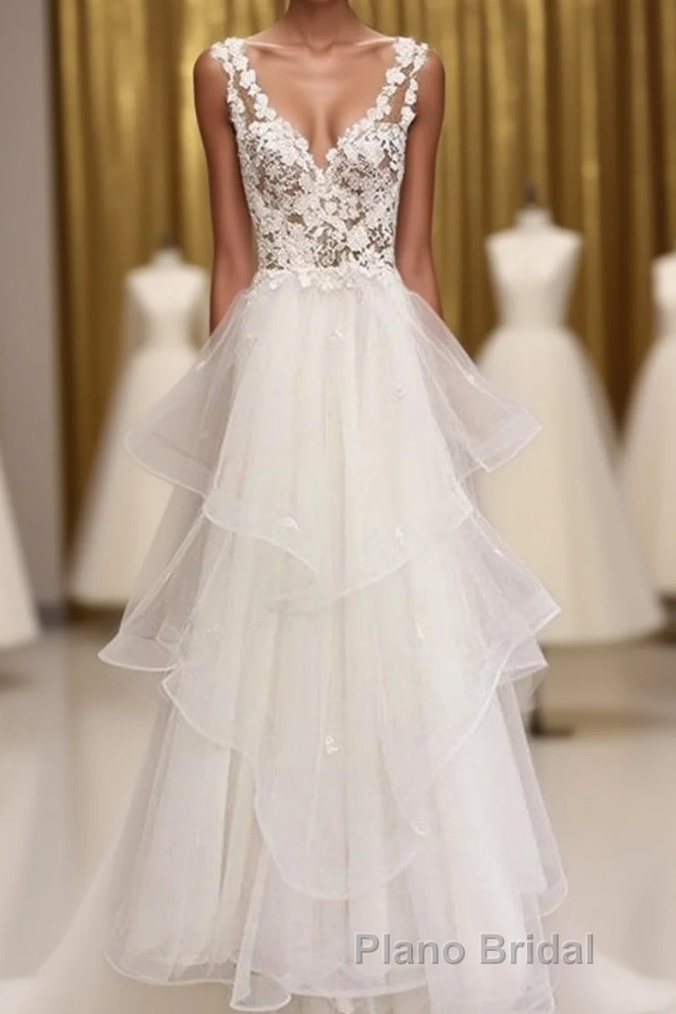 Charming Tulle Appliques V Neck Lace Wedding Dresses with Ruffles Main image