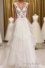Charming Tulle Appliques V Neck Lace Wedding Dresses with Ruffles