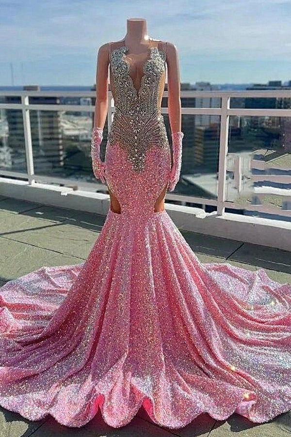 V-neck Silver Beaded Pink Long Prom Dresses with Cutout Main image