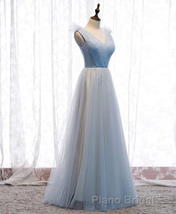 Simple Blue V Neck Tulle Long Formal Prom Dresses, Blue Prom Dresses