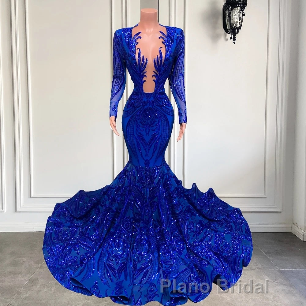 Hot Sparkle Royal Blue Sequin Long sleeves Mermaid Formal Prom Dresses