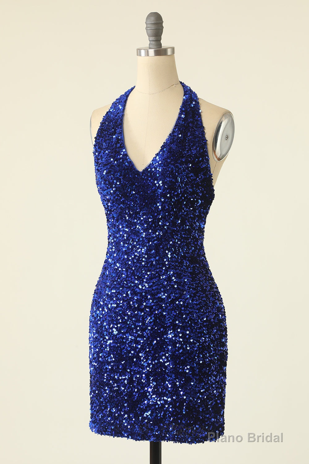 Royal Blue Sequin Halter Open Back Short Homecoming Dress Secondary image
